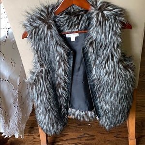 Brown, white and black faux fur vest